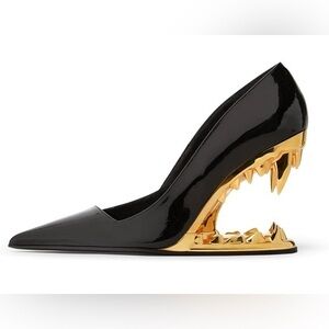 Women's Open Mouth Gold Fang Patent Leather Wedge Heels, Black 9